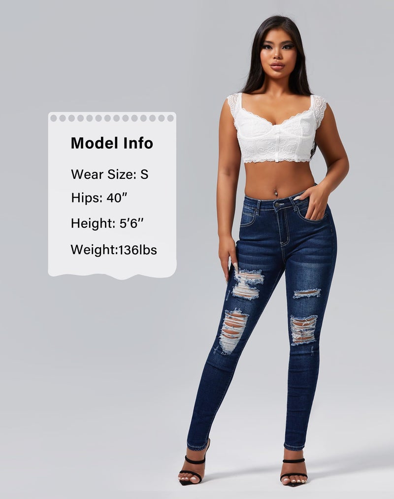 roswear Skinny Jeans for Women Ripped Stretchy Mid Rise Jeggings Casual Slimming Pants Blue - Image 4
